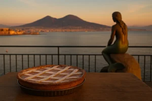 Sirena Partenope che osserva il Golfo di Napoli al tramonto con una pastiera napoletana in primo piano