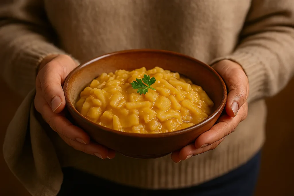 Mani che tengono una ciotola di pasta e patate cremosa con foglia di prezzemolo sopra, atmosfera calda e accogliente