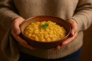 Mani che tengono una ciotola di pasta e patate cremosa con foglia di prezzemolo sopra, atmosfera calda e accogliente