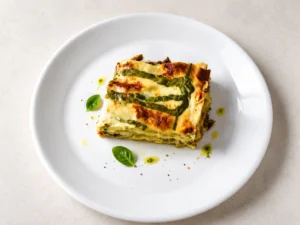 Lasagna alla Nerano cremosa con crema di zucchine e Provolone del Monaco su piatto bianco