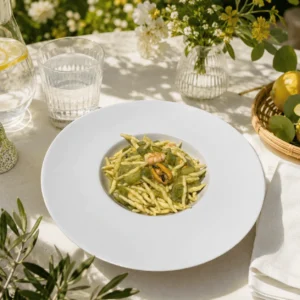 Trofie con zucchine, gamberi e cozze servite in un piatto bianco
